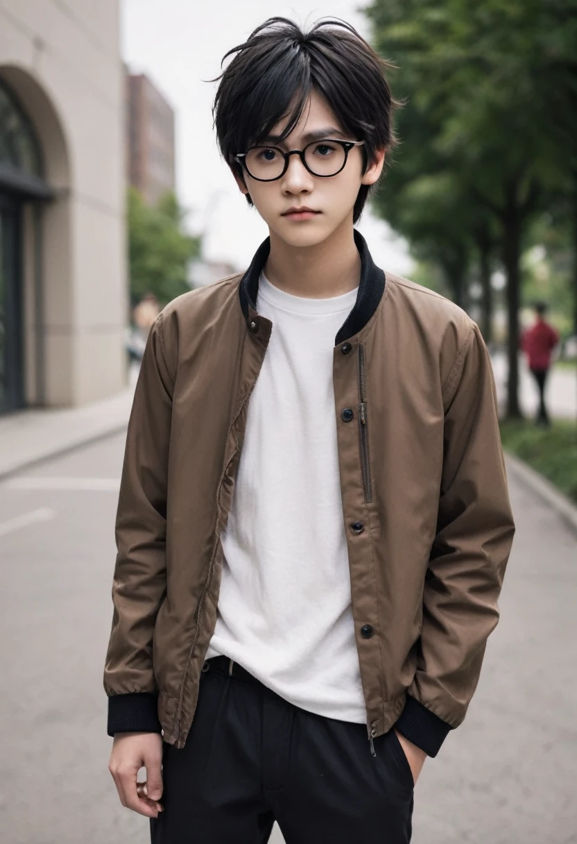 A teenager standing with a lightning scar on his head wearing round glasses, Messy black hair, a brown jacket, white shirt with black pants and classic black shoes