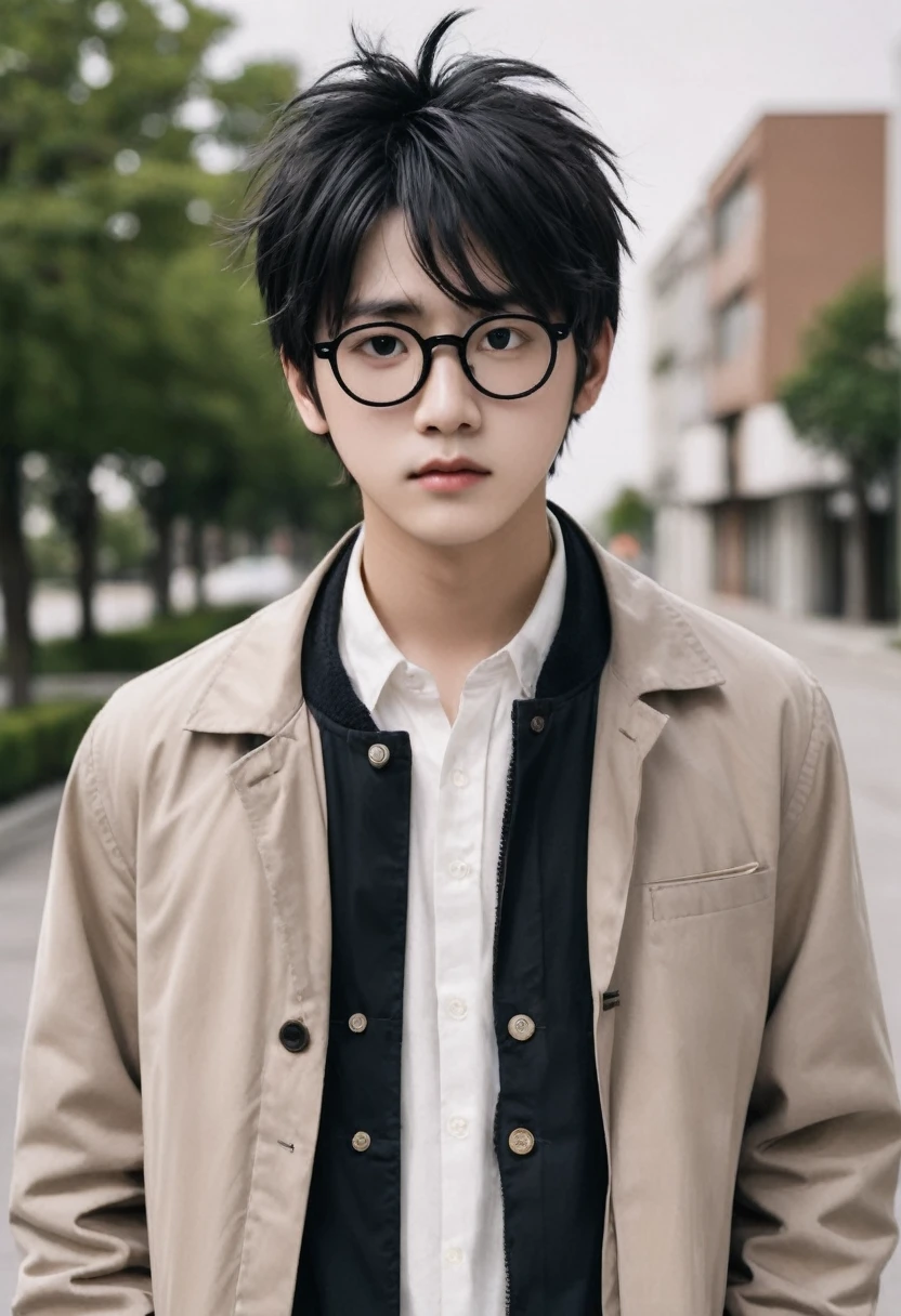 A ager standing with a lightning scar on his head wearing round glasses, Messy black hair, a brown jacket, white shirt with black pants and classic black shoes
