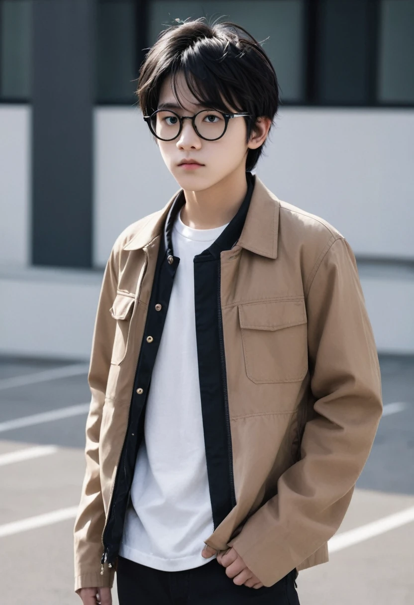 A ager standing with a lightning scar on his head wearing round glasses, Messy black hair, a brown jacket, white shirt with black pants and classic black shoes