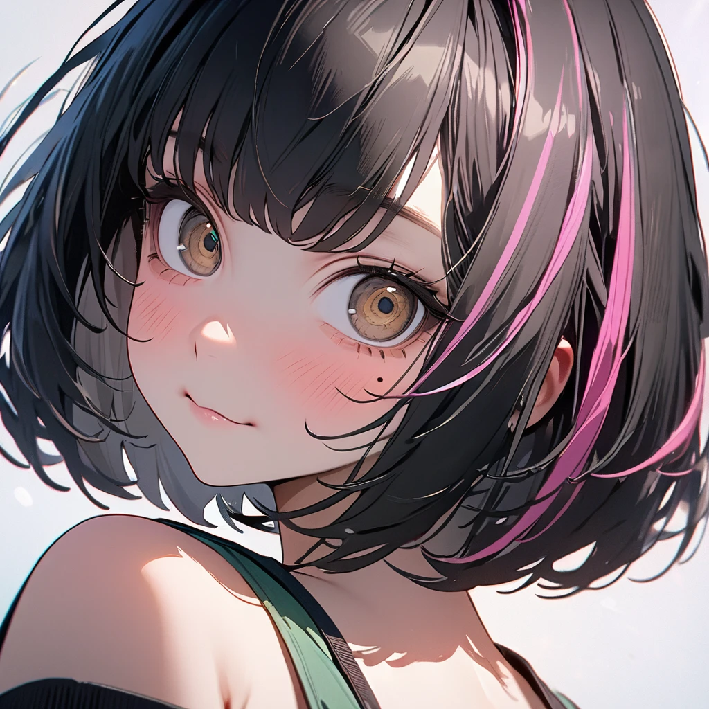 (8K,4K,best quality, master piece: 1.2), super high resolution,1 Beautiful woman,****,ultra-detailed face, detailed eyes,mascara,brown eyes,(mole under eye),:>,green Crop Top,(black hair, pink streaked hair),bob cut,looking at viewer,face focus,Plain white background