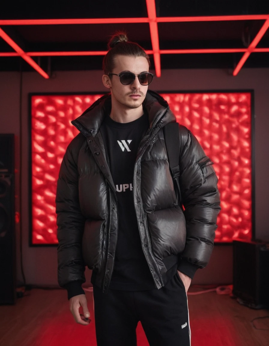 The young man is standing in the center of a music studio, modern room illuminated by intense red and white neon lights forming geometric patterns on the ceiling. He has long, brown hair tied back in a neat man bun, and he sports dark sunglasses that add to his cool, enigmatic demeanor. His attire is stylishly casual yet clearly high-end: he wears a black, glossy puffer jacket over a plain white T-shirt, paired with black sweatpants that have white drawstrings and a small, noticeable logo on the left thigh. A black crossbody fanny pack, worn diagonally across his ?????, is another prominent feature of his outfit. The bag appears to be made of a textured material with a shiny zipper and a small, subtle brand logo. His overall style blends comfort with urban chic, suggesting a keen awareness of contemporary fashion trends. He is holding a joint in the right hand and a pocket ????? in his left hand
