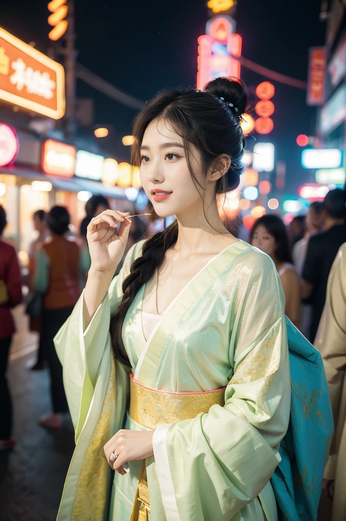 (((best quality))),(((ultra detailed))),(((masterpiece))),illustration,1girl,bun hair, gauze Korean traditional Costume,slim,flat chest,laughing, summer night,Korean city scape, street, neon signs, beautiful, vibrant, detailed  features,medium hair, elegance, cultural atmosphere, bustling city, colorful advertisements, reflections, lively atmosphere, street food aroma