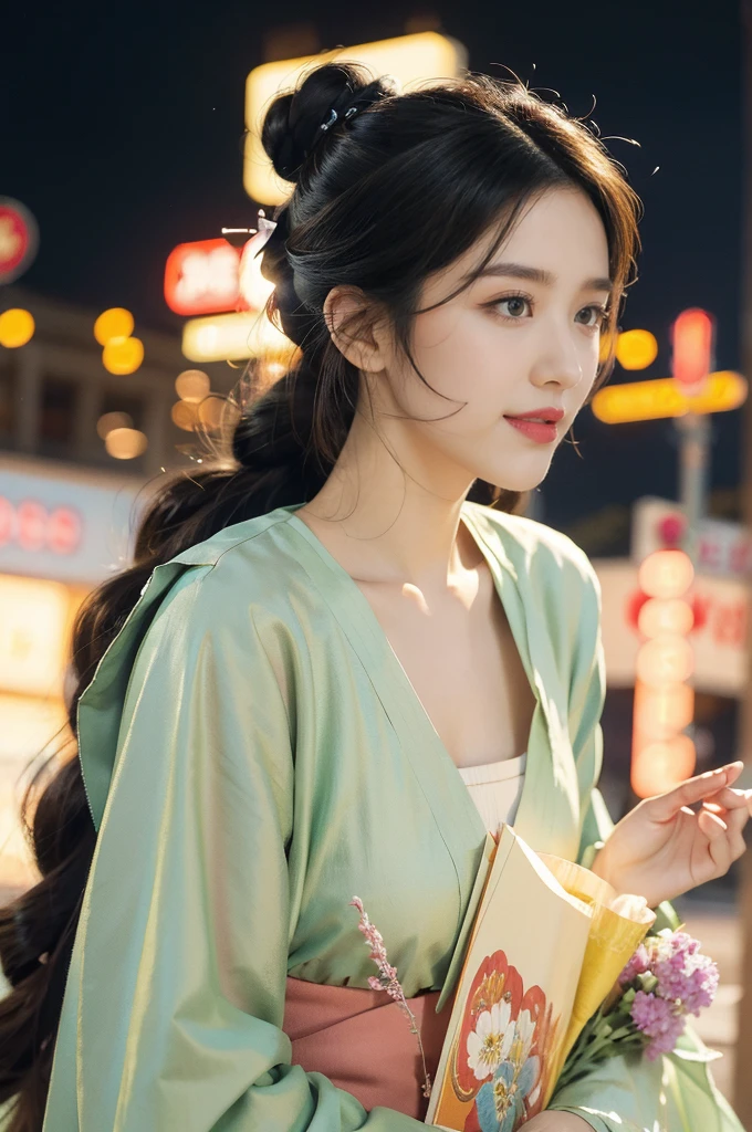 (((best quality))),(((ultra detailed))),(((masterpiece))),illustration,1girl,bun hair, gauze Korean traditional Costume,slim,flat ,laughing, summer night,Korean city scape, street, neon signs, beautiful, vibrant, detailed facial features,medium hair, elegance, cultural atmosphere, bustling city, colorful advertisements, reflections, lively atmosphere, street food aroma