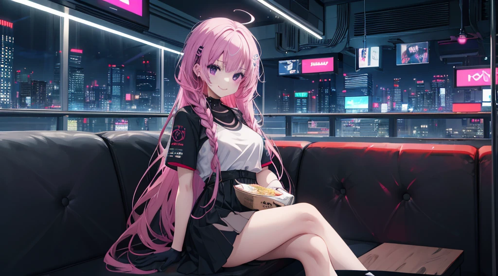 A girl,Solitary,Pink long hair,Moderate,Smile,Medium-length hair,Messy hair,Short sleeve,Short sleeve game clothes,Black skirt,Black gloves,cyberpunk Characters,night, night city background,cyberpunk, Anime style 4k, Sitting on the sofa,indoors,In the restaurant,Black Ayase Ayase、character-centered,full_shot,full_shot,