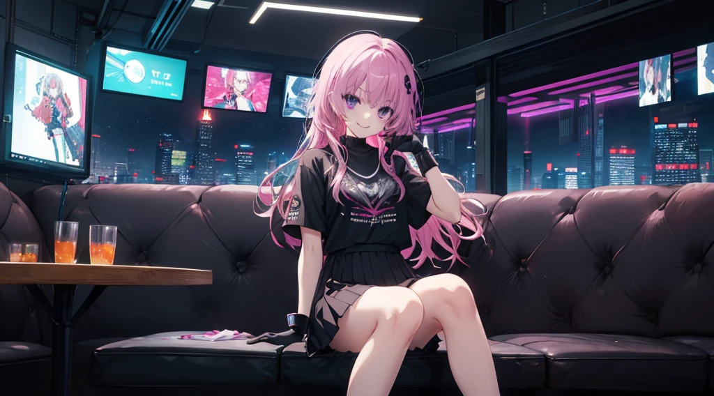 A girl,Solitary,Pink long hair,Moderate,Smile,Medium-length hair,Messy hair,Short sleeve,Short sleeve game clothes,Black skirt,Black gloves,cyberpunk Characters,night, night city background,cyberpunk, Anime style 4k, Sitting on the sofa,indoors,In the restaurant,Black Ayase Ayase、character-centered,full_shot,full_shot,