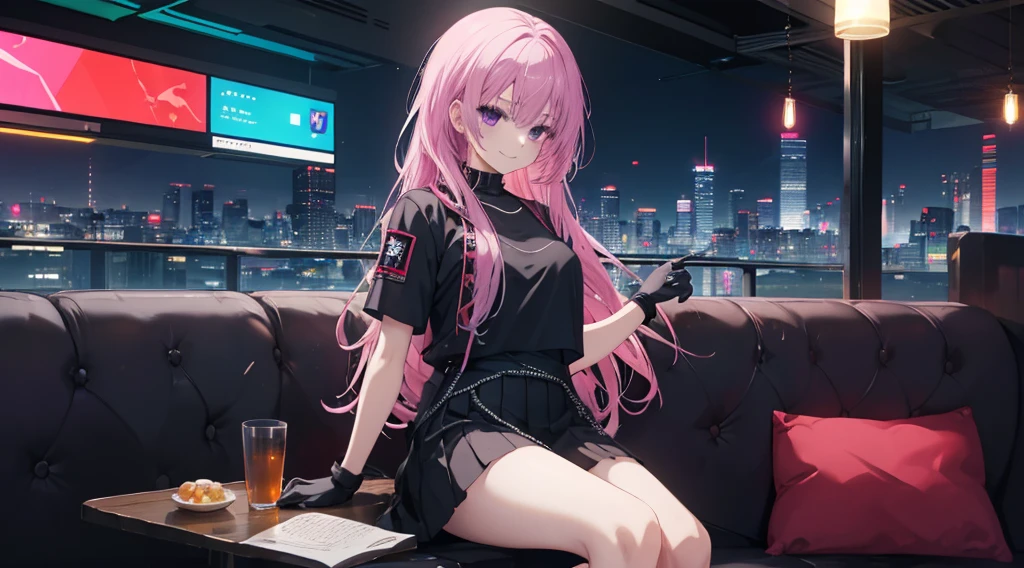 A girl，Solitary，Pink long hair，Moderate，Smile，Medium-length hair，Messy hair，Short sleeve，Short sleeve game clothes，Black skirt，Black gloves，cyberpunk Characters,night, night city background，cyberpunk, Anime style 4k, Sitting on the sofa，indoors，In the restaurant，Black Ayase Ayase、character-centered,full_shot,full_shot,