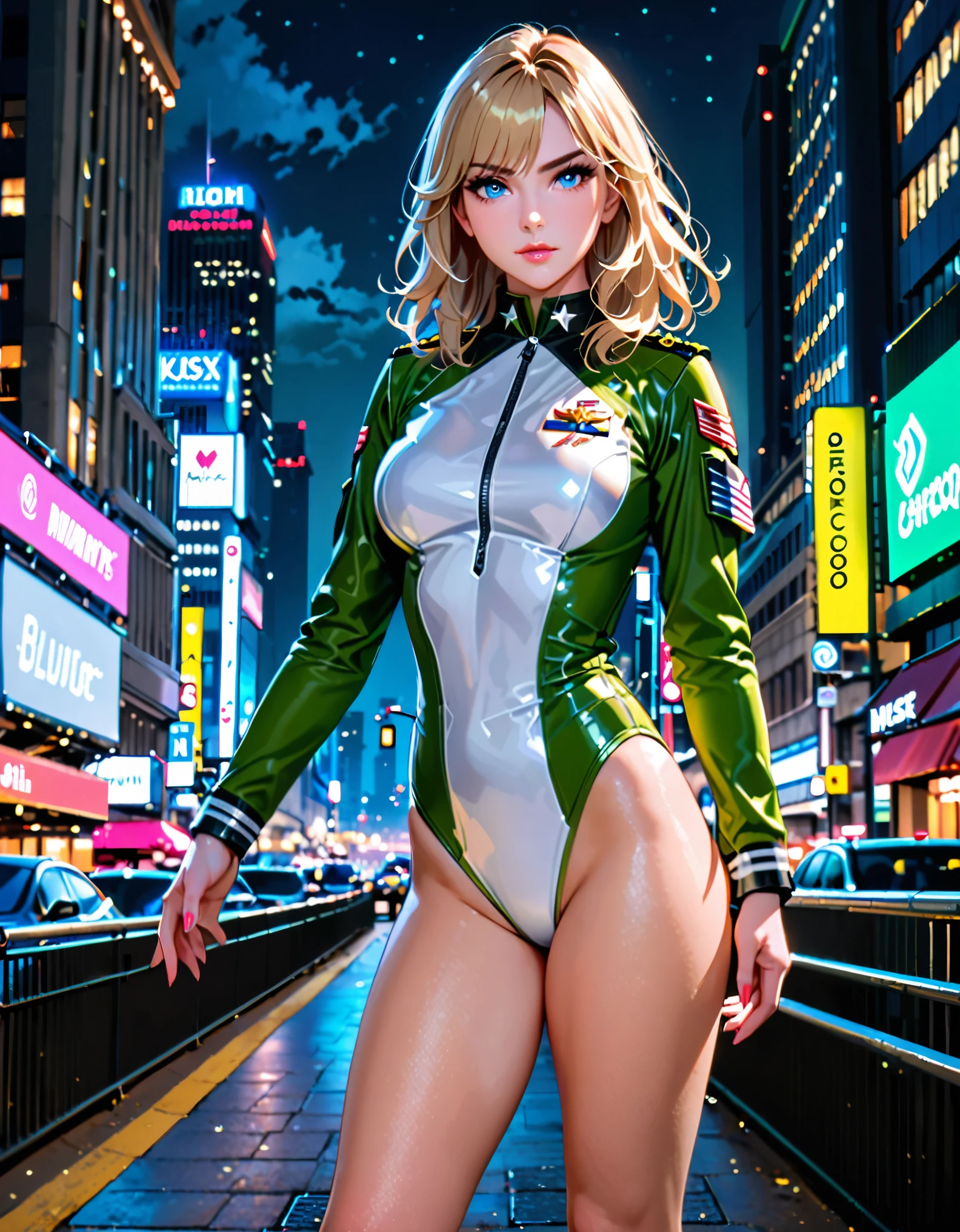 best quality, masterpiece, highres, solo, solo focus, 1lady, semi-realistic, dynamic heroic pose, standing straight, blonde hair, blue eyes, beautiful detailed eyes, beautiful detailed face, (perfect hands), sexy us military officer, dressed in a green and white leotard, perfect fit, city backdrop, neon edge lighting, highly detailed, professional, bare legs, matching boots, ankle-high boots, full body shot, medium hair, hair down, nighttime.