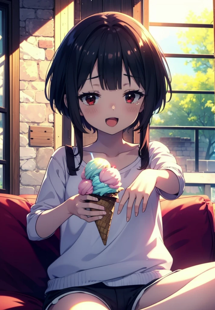 konosubaMegumin, Megumin, short hair, Black Hair, (Red eyes:1.3), short hair with long locks,happy smile, smile, Open your mouth,Tank top shirt with open mouth,Shorts,barefoot,barefoot,Holding and eating ice cream with right hand,Sitting on the sofa,whole bodyがイラストに入るように,morning,morning陽,The sun is rising,
break indoor, room,
break looking at viewer,whole body, (Cowboy Shot:1. 5)
break (masterpiece:1.2), Highest quality, High resolution, unity 8k wallpaper, (figure:0.8), (Beautiful attention to detail:1.6), Highly detailed face, Perfect lighting, Highly detailed CG, (Perfect hands, Perfect Anatomy),