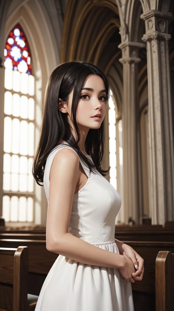 Beautiful dark-haired woman in a white dress in church