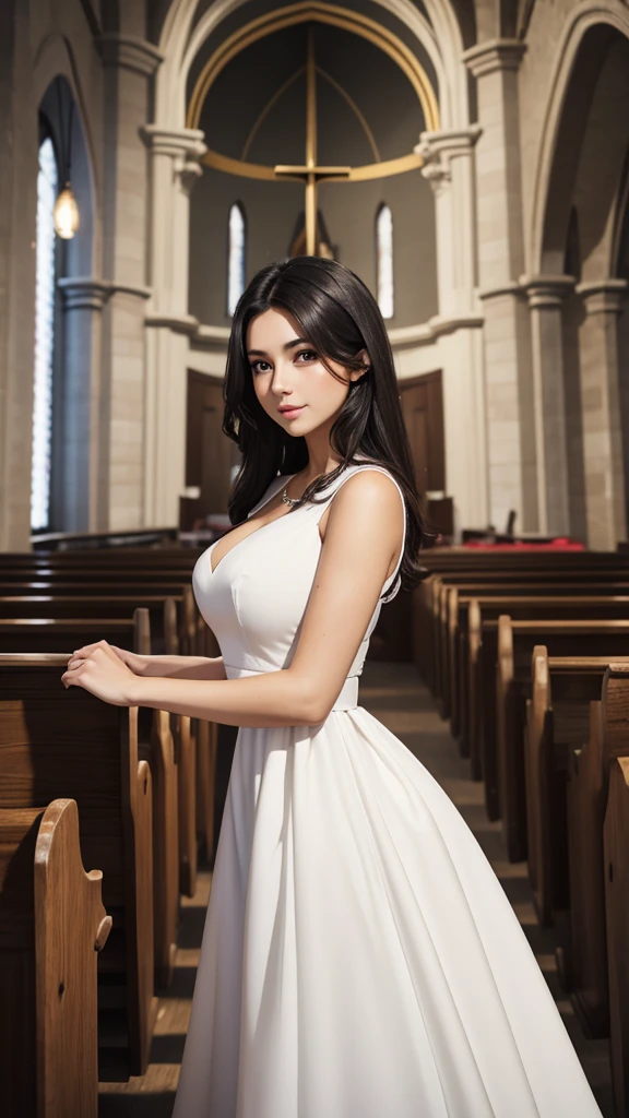Beautiful dark-haired woman in a white dress in church
