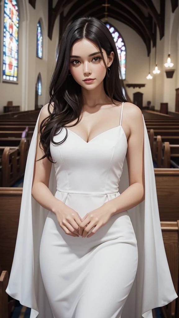 Beautiful dark-haired woman in a white dress in church