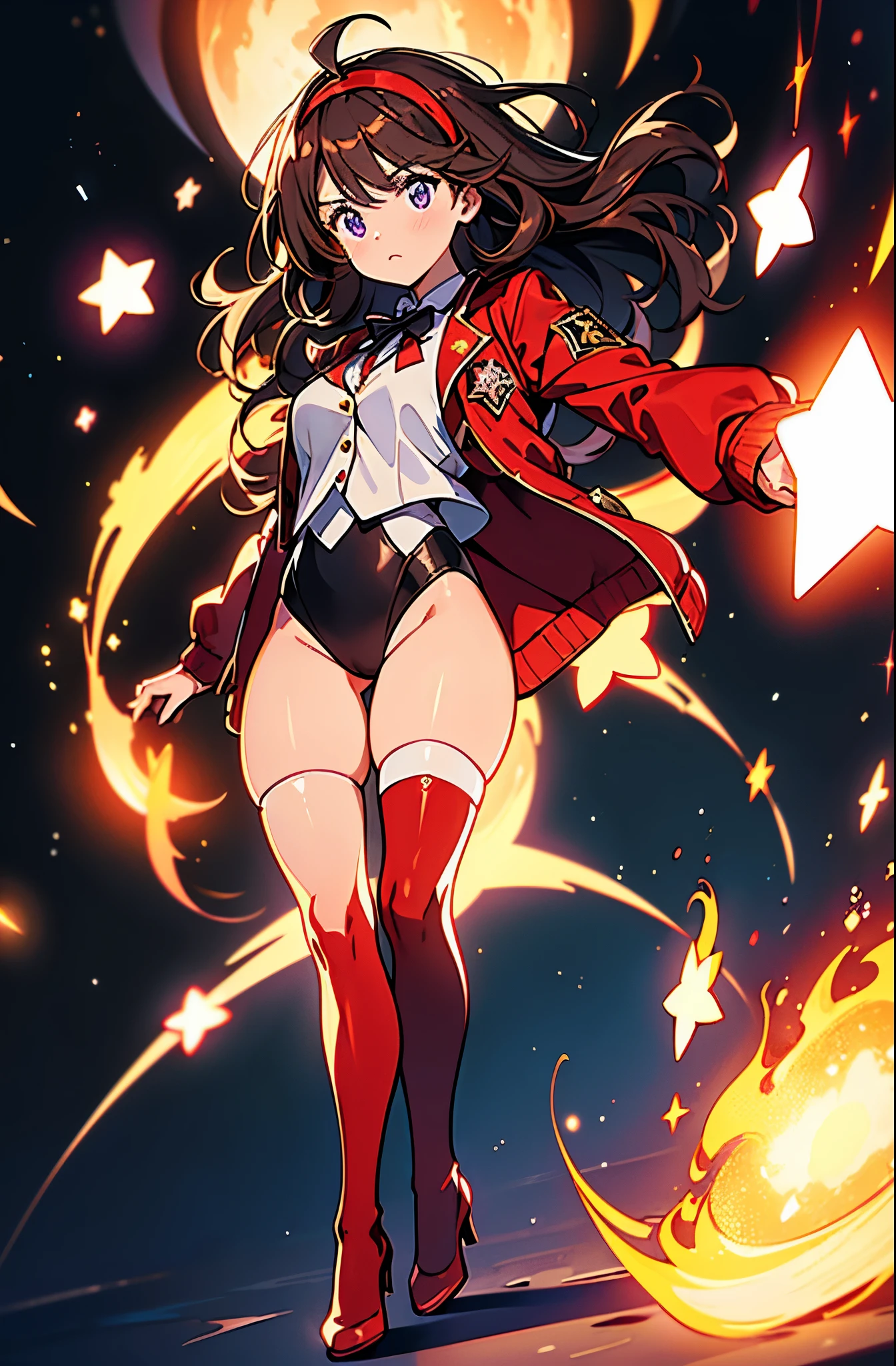 Woman with brown eyes, age 21 (medium hair, dark brown hair, wavy hair, red hairband), ahoge, ((white blouse with black stars, vest, red jacket with stars)), (leotard, bare legs, black thigh highs, high-heel shoes), purple stellar energy around, cosmic power, cosmic shining power. purple eyes, beautiful detailed eyes, beautiful detailed face, cute face, perfect hands, complete fingers, perfect anatomy, perfect proportions. (casting a spell). full body costume design, full body, cowboy shot.