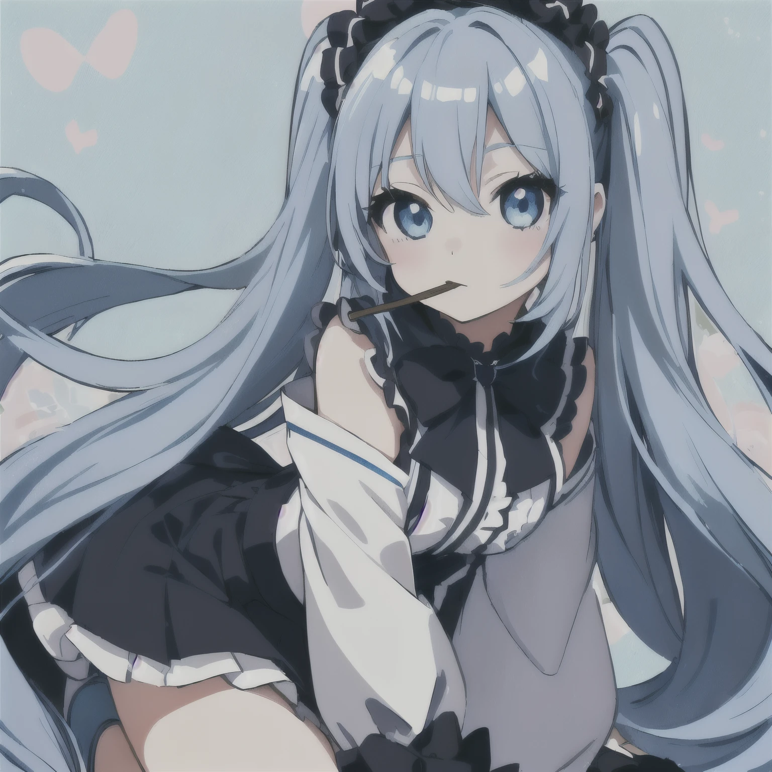 Light blue long hair、Twin-tailed Girl, black eye、Cute girl anime visuals, Anime Moe Art Style, Splash Art Anime 、2D Anime Style, Eating Pocky、Cute Loliostume