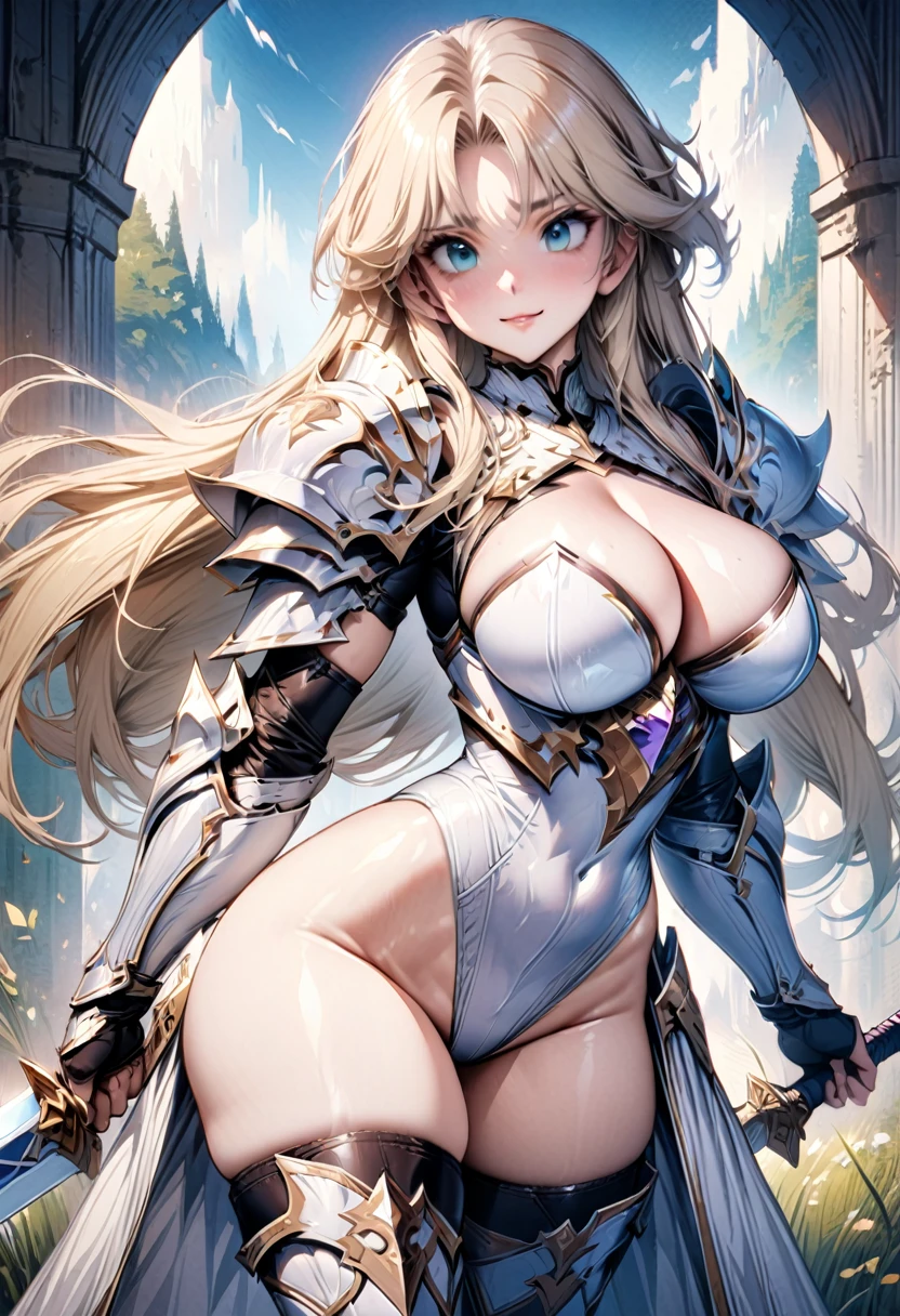 ((highest quality)), ((masterpiece)), ((hyperrealistic)), (detailed background), solo, 1girl, ((: 1.2)), kawaii, gentle smile, ((Princess Knight)), langrisser, blonde braided long hair, ((leotard: 1.5)), (white paladin armor: 1.3), ((Tight-fitting  leotard )),((Wielding sword: 1.2)), Holding a Sword, swing down the Sword, Sword at the ready, hold the handle of a Sword, ((large )), ((arm guard gauntlet)), ((zettai ryouiki thigh boots)), (big ), ( cutout), ( area), (thigh), beautiful aqua eyes, droopy eyes, parted bangs, perfect face, Perfect hands, perfect fingers, Blue sky and grassland,