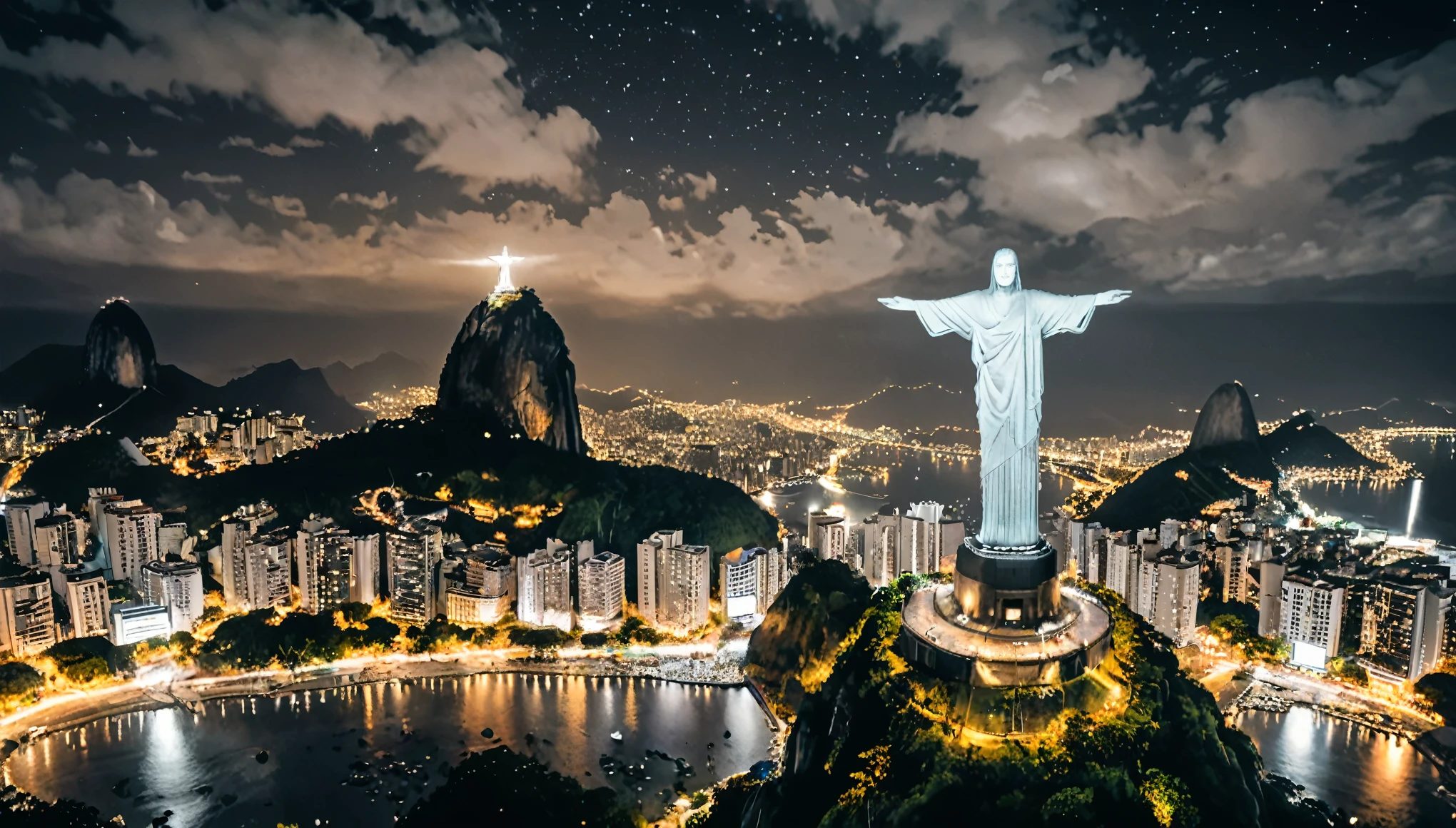 Reality,4K,8K, Vibrant and colorful night scenery ,Brazil,Rio de Janeiro,Christ the Redeemer ,grayscale