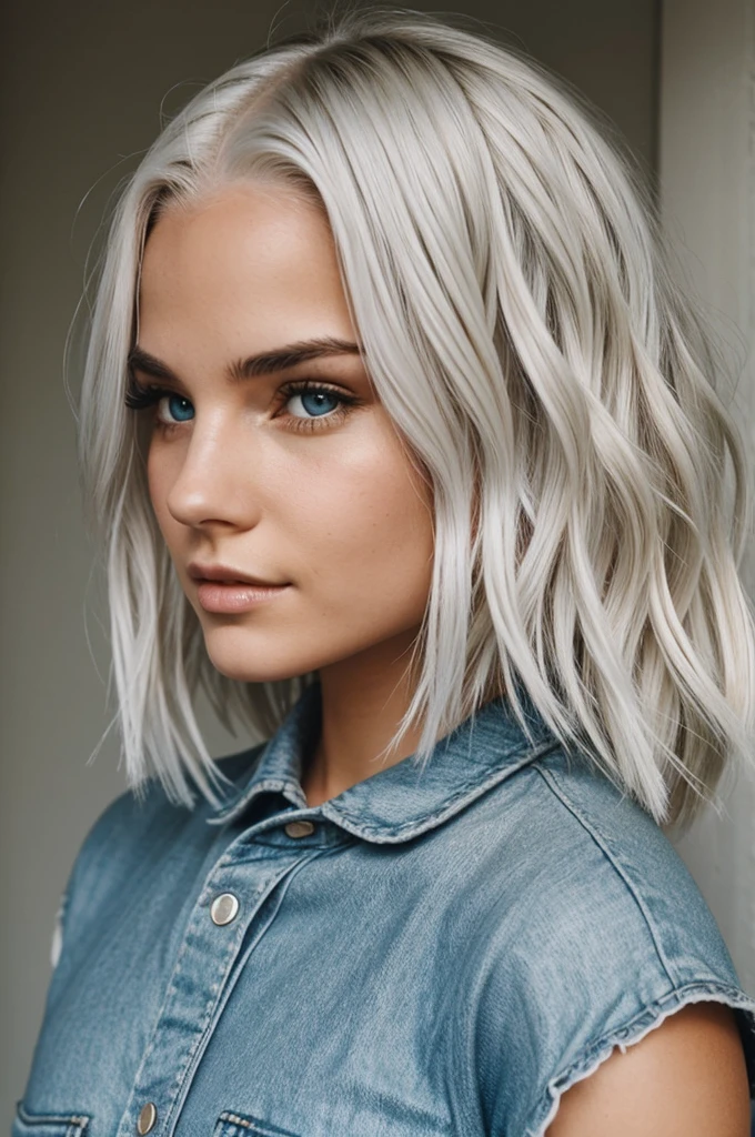 Girl with semi-wavy platinum hair with the face of Milly Alcock