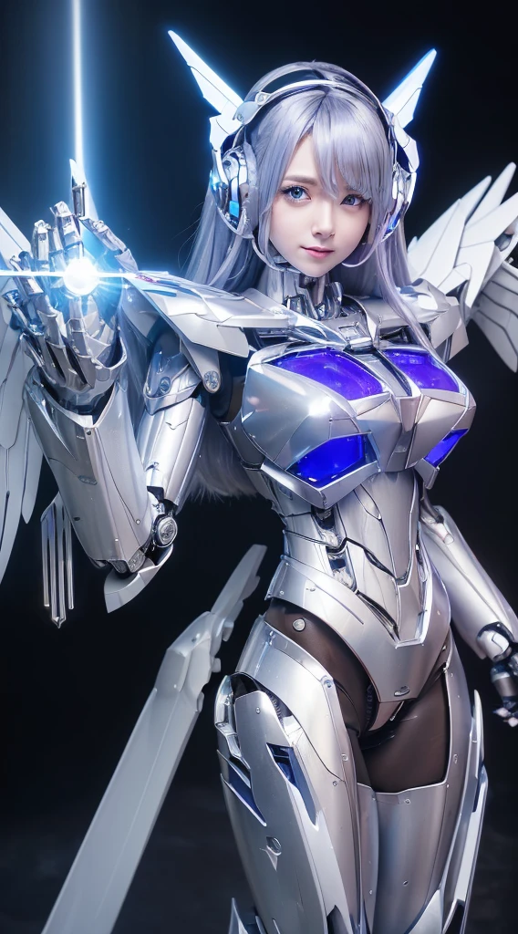 ((Intense action pose:1.6))、((Shining lenses on both breasts:1.3))、((Blue pillars of light are emanating from both chests.:1.3))、smile、((8K)), ((32k)), ((Highest quality)), ((masterpiece)), ((超A high resolution)), ((Tmasterpiece)), ((Halation:1.4))、((Mechaニカルheadgear:1.2))、((Cyber headphones:1.3))、Fine skin, High quality fabric, Fine metal texture、((Beautiful and dense face))、RAW Photos、Professional, Ultra-fine painting, ((alone)), Beautiful breasts、Highest quality, Very detailed, Very detailed詳細, Finer details, so beautiful, ((Princess Knight Robot:1.2)), (Joints of machines, Mechanical Limbs:1.3), (The internal structure of the machine is exposed:1.3), (Long silver hair:1.1), (Beautiful and huge mechanical breasts)、White Veil, cowboy_shot, Side Focus, headgear, Shiny、(Five Fingers, Four fingers and thumb),Concept Art, Anime fantasy artwork, Detailed fantasy art, (with pale blue-violet hair and large white wings,,,,,,,), (((Long silver hair))), (Mecha:1.6)、Sleek and intimidating design, ((Commander-in-Chief'arm)), (Perfect robot body)、純白と青紫armまたは, Symmetrical wings, 8K high quality, detailed art, 3D rendering of character art in 8K, neat legs, Defined, Defined fingers,