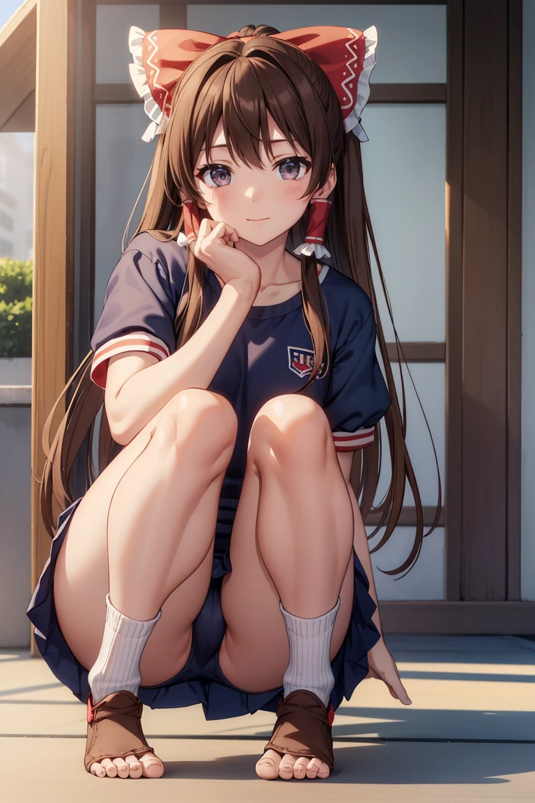 Reimu Hakurei, (Brown eyes:1.5), Brown Hair, bow, hair bow, Hair Tube, Long Hair, red bow, Side Lock, (((Slender body)))、(Navy blue cuffs and white short-sleeved gym uniform)、(Navy Blue Bloomers)、(
barefoot)、Navy blue socks、sports boots、Ground、Schoolyard、Sexy pose、sit、
BREAK Watch Viewers,blush、
Full Body Shot,Smile Break (masterpiece:1.2), Highest quality, High resolution, unity 8k wallpaper, (figure:0.8), (Beautiful attention to detail), Highly detailed face, Perfect lighting, Highly detailed CG, (Perfect hands, Perfect Anatomy)