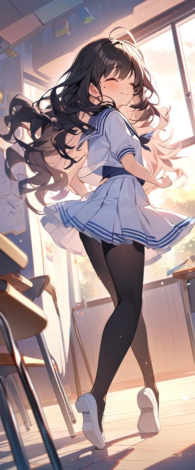 BREAK Perfect 、Highest quality、(cute:1.1)、(cute)、(High resolution:1.2)、Unbelievably absurd:1.3、Incredible illustrations、(cuteイラスト:1.2)、（Beautiful background、evening、classroom）、1gial(Black Hair、strong wavy hair、mole under eye）（Sailor suit）（Dance with your eyes closed）（dancing）（low angle full body shot）