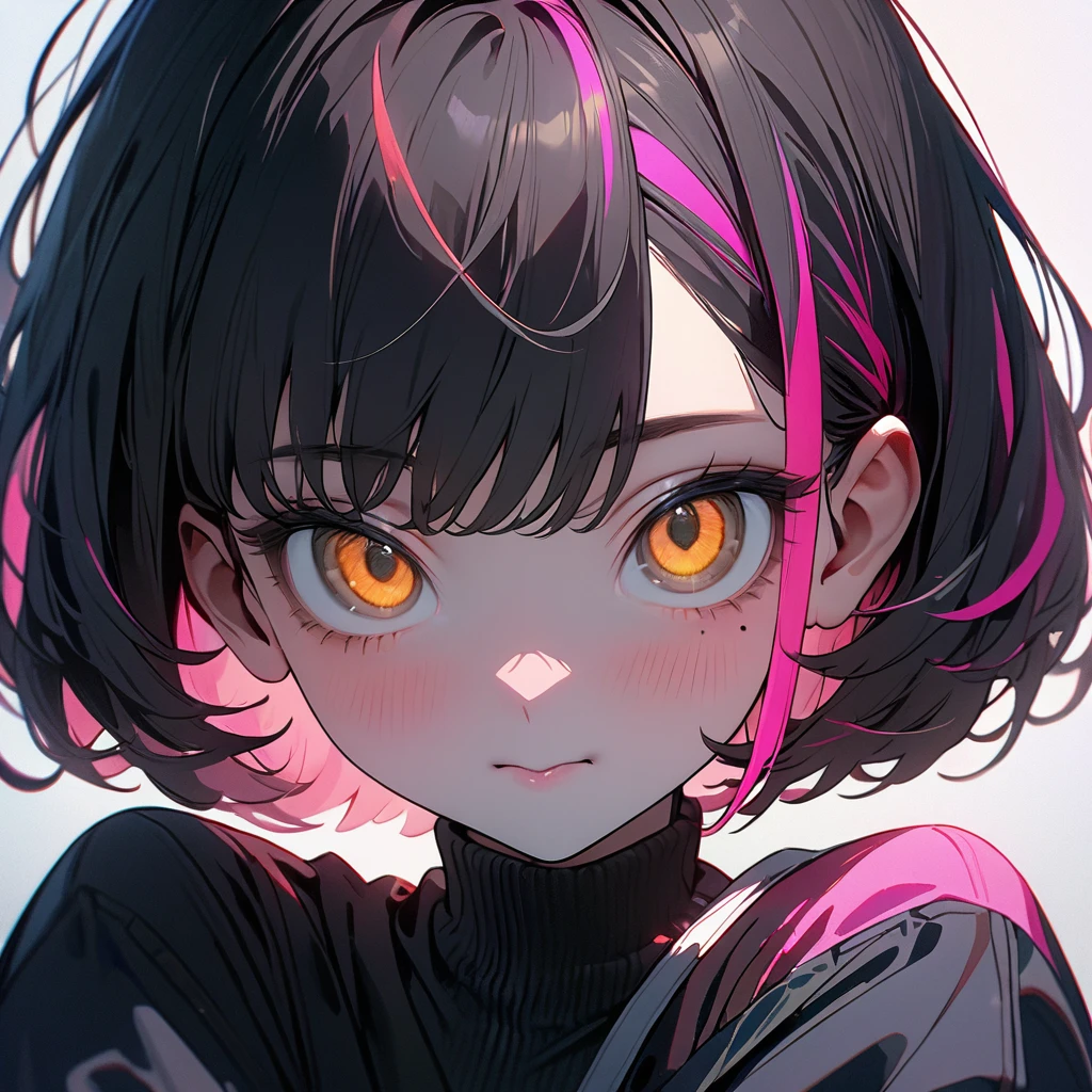 (8K,4K,best quality, master piece: 1.2), super high resolution,1 Beautiful woman,,ultra-detailed face, detailed eyes,mascara,brown eyes,(mole under eye),:>,green Crop Top,(black hair, pink streaked hair),bob cut,looking at viewer,face focus,Plain white background