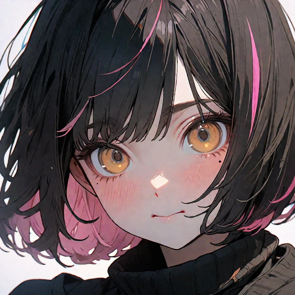 (8K,4K,best quality, master piece: 1.2), super high resolution,1 Beautiful woman,16yo,ultra-detailed face, detailed eyes,mascara,brown eyes,(mole under eye),:>,green Crop Top,(black hair, pink streaked hair),bob cut,looking at viewer,face focus,Plain white background