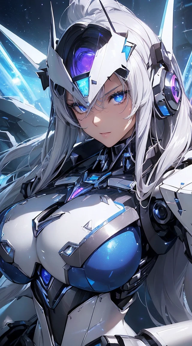 ((Extreme close up:1.6))、(((Lenses shining on both breasts:1.3)))、((Blue pillars of light radiate from both of his chests..:1.3))、break、(((Dynamic pose:1.8)))、smile、((8K)), ((32k)), ((Highest quality)), ((masterpiece)), ((超A high resolution)), ((Tmasterpiece)), ((Halation:1.4))、((Mechaニカルheadgear:1.2))、((Cyber headphones:1.3))Fine skin, High quality fabric, High-quality metal texture、((Beautiful and dense face))、RAW Photos、Professional, Ultra-fine painting, ((alone)), Beautiful breasts、Highest quality, Very detailed, Very detailed詳細, Finer details, so beautiful, ((Princess Knight Robot:1.2)), (Joint of the machine, Mechanical Limbs:1.3), (The internal structure of the machine is exposed:1.3), (Long silver hair:1.1), (Beautiful and huge mechanical breasts)、White Veil, cowboy_shot, Side Focus, headgear, Shiny、(Five Fingers, Four fingers and thumb),Concept Art, Anime fantasy artwork, Detailed fantasy art, (with pale blue-violet hair and large white wings,,,,,,,,), (((Long silver hair))), (Mecha:1.6)、Sleek and intimidating design, ((Commander-in-Chief'arm)), (Perfect robot body)、純白と青紫のarmまたは, Symmetrical wings, 8K High Resolution, Detailed Art, 3D rendering of character art in 8K, neat legs, Defined, Defined fingers,((headshot:1.3))