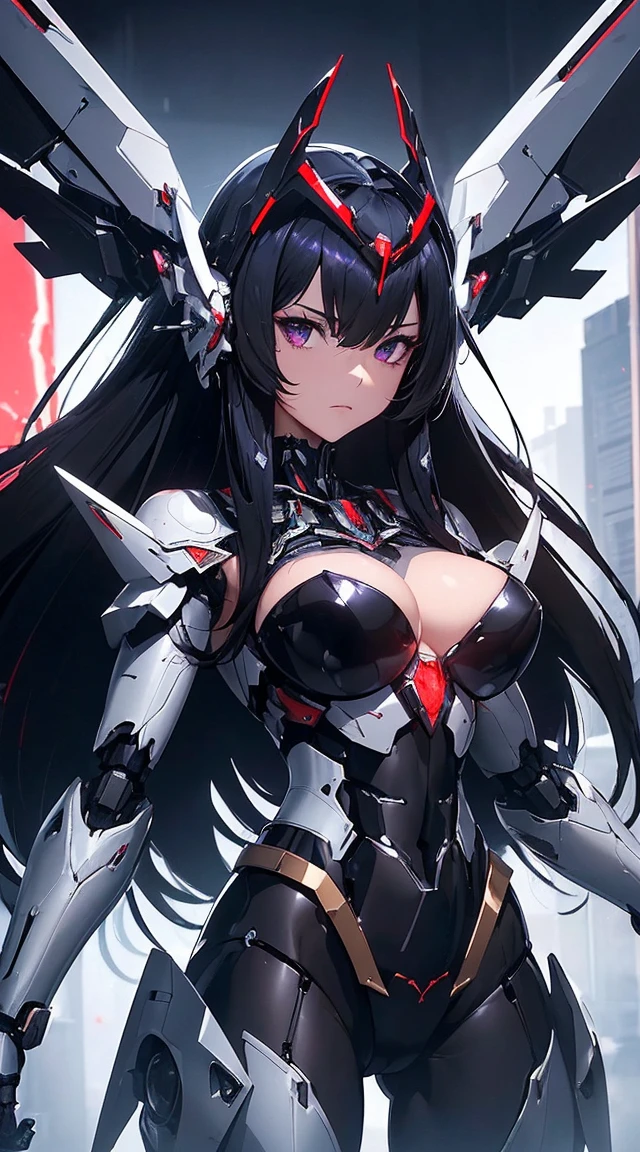 ((Shining lenses on both breasts:1.3))、((Pillars of red light radiate from both chests..:1.3))、((Attack pose:1.6))、((He has a red sword and a long rifle:1.6))、((Battle Scenes:1.8))、((8K)), ((32k)), ((Highest quality)), ((masterpiece)), ((超A high resolution)), ((Tmasterpiece)), ((Halation:1.4))、((Mechaニカルheadgear:1.2))、((Cyber headphones:1.3))Fine skin, High quality fabric, High-quality metal texture、((Beautiful and dense face))、RAW Photos、Professional, Ultra-fine painting, ((alone)), Beautiful breasts、Highest quality, Very detailed, Very detailed詳細, Finer details, so beautiful, ((Black Knight Robot:1.2)),  (Joint of the machine, Mechanical Limbs:1.3), (The internal structure of the machine is exposed:1.3), (Long black hair:1.1), (Beautiful and huge mechanical breasts)、White Veil, cowboy_shot, Side Focus, headgear, Shiny、(Five Fingers, Four fingers and thumb),Concept Art, Anime fantasy artwork, Detailed fantasy art, (Has light blue-purple hair and black wings,,,,,,), (((Long black hair))), (Mecha:1.6)、Sleek and intimidating design,  (Jet black perfect robot body)、Jet black and reddish purple arms, Symmetrical wings, 8K High Resolution, Detailed Art, 3D rendering of character art in 8K, neat legs, Defined, Defined fingers,((headshot:1.6))