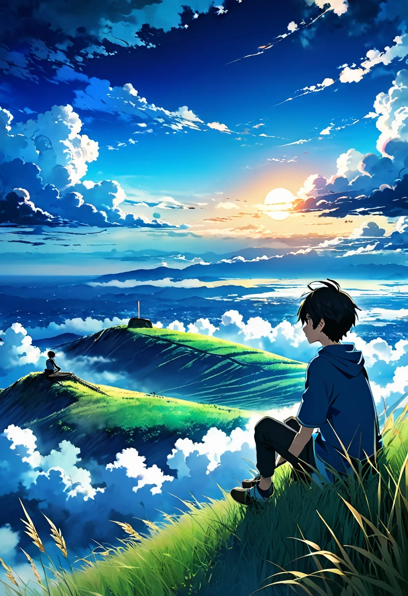 anime landscape of a boy sitting on a hill with grasses with dark blue clouds, blue cere sky with few clouds, anime nature wallpapers, beautiful anime scene, beautiful anime peace scene, Makoto Shinkai Cyril Rolando, beautiful scene of anime, amazing wallpaper, anime art wallpaper 8k, anime background, art anime background, anime 4k wallpaper, anime art 4k wallpaper, anime art 4k wallpaper,