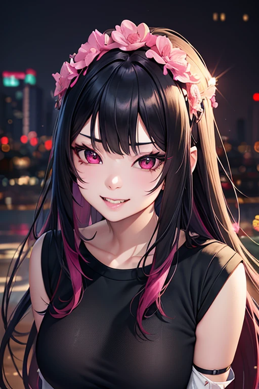 a beautiful 21 year old korean girl, vampire,long slightly waved black hair with pink highlights, sharp rosy eyes, playful smile with fangs, anime realism style, portrait, black and pink sweater (best quality,4k,8k,highres,masterpiece:1.2),ultra-detailed,(realistic,photorealistic,photo-realistic:1.37),HDR,vivid colors,professional,bokeh