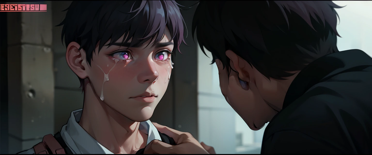 cute 14 year old boy pink hair pink eyes he is scared he is afraid, He has some tears on his face, he puts his hand on his shoulder, comforting him.