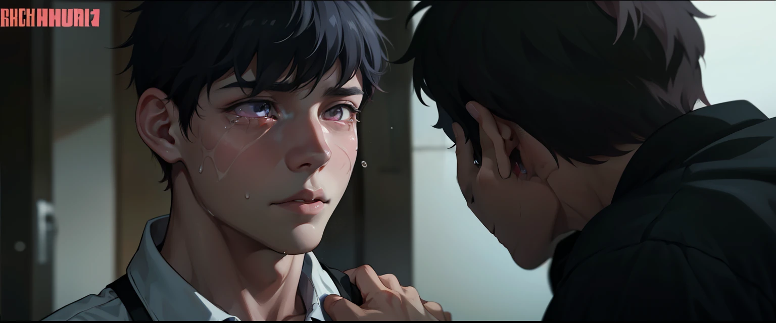 cute 14 year old boy pink hair pink eyes he is scared he is afraid, He has some tears on his face, he puts his hand on his shoulder, comforting him.