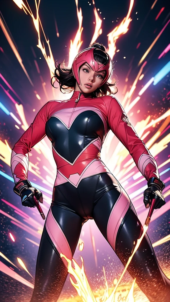 Solo, A brave and courageous image of a 6 member ranger team, Each one is decorated in vibrant colors such as:: ((Pink)), red is front of center, violet, Green, yellow, blue black, white,. Dynamic poses in a background that exudes energy and courage, neon, fire, plasma, Fluorescent, shocking, pink big bomber, splashing pink, running, fighting pose, action pose, Embodying the essence of the classic Sentai superhero team. Each Ranger:: The attire is sophisticated and modern, Each color has elements that reflect its theme., Ready for action. ((Camel Toe)), weapons, in sunset background , in cinematic lighting, cover art mixed cinema poster style,