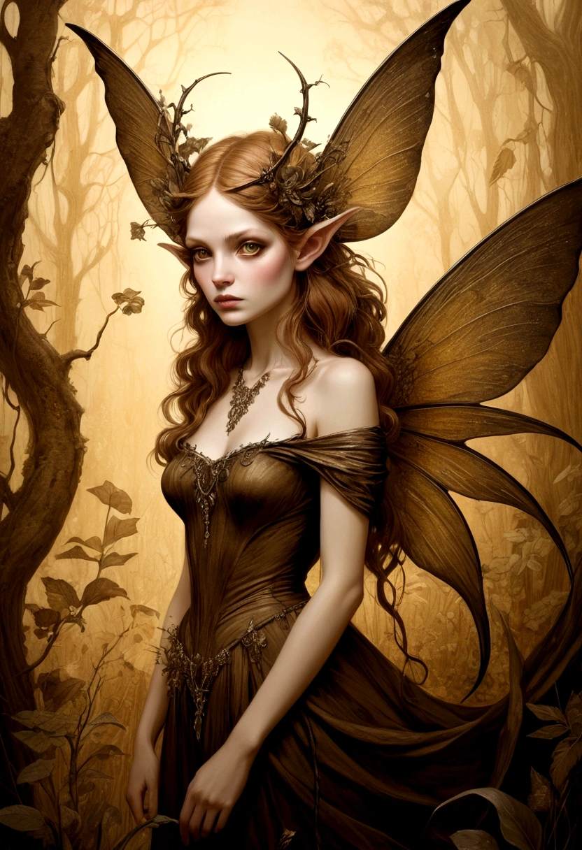 Imagine a (closeup) image that encompasses this concept- Subdued Animals Illustrative, creatures, Pointed ears are prevalent, and translucent wings make an appearance, this gritty faerie world has more in common with the Fae pirates of than with the pastoral fantasies of most contemporary faerie illustrators. It also has more in common with the style of the Golden Age illustrators than with superb draftsmanship and judicious application of color and texture. **A Serious of Unfortunate Events, Striking Sepia toned landscape, little characters and critteroho faerie eyes big) Eyes shining, thorns, micro details, ink drip dripping, paint dripping, wet canvas, surreal ,beautiful high definition acrylic art intricate details, Masterful use of texture  one of the aspects of these type of fantasy image that  most appealing. Even in  pencil drawings, there  a feeling for the visual textures and tactile surfaces of the real world that informs and enlivens the fantasy settings. Within the sub-genre of Victorian painting, there  Golden Age illustration and contemporary fantasy art that  sometimes called faerie art or fairy art. It dwells on those imaginary miniature denizens of woodlands and fields who are often portrayed with pointed ears and gossamer wings. Style features Subdued Animals Illustrative