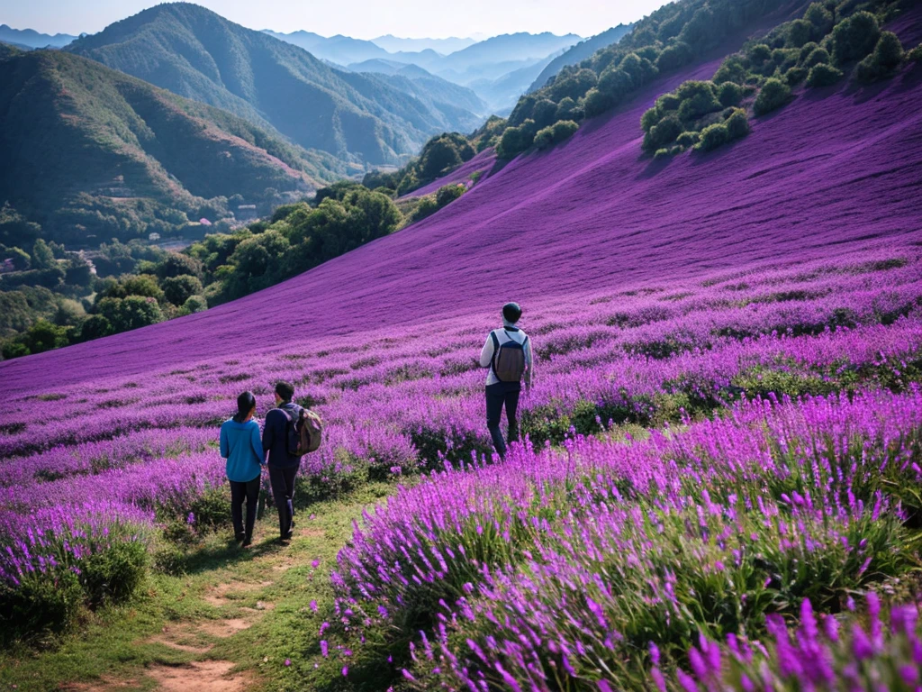Two people talking on top of a purple mountain