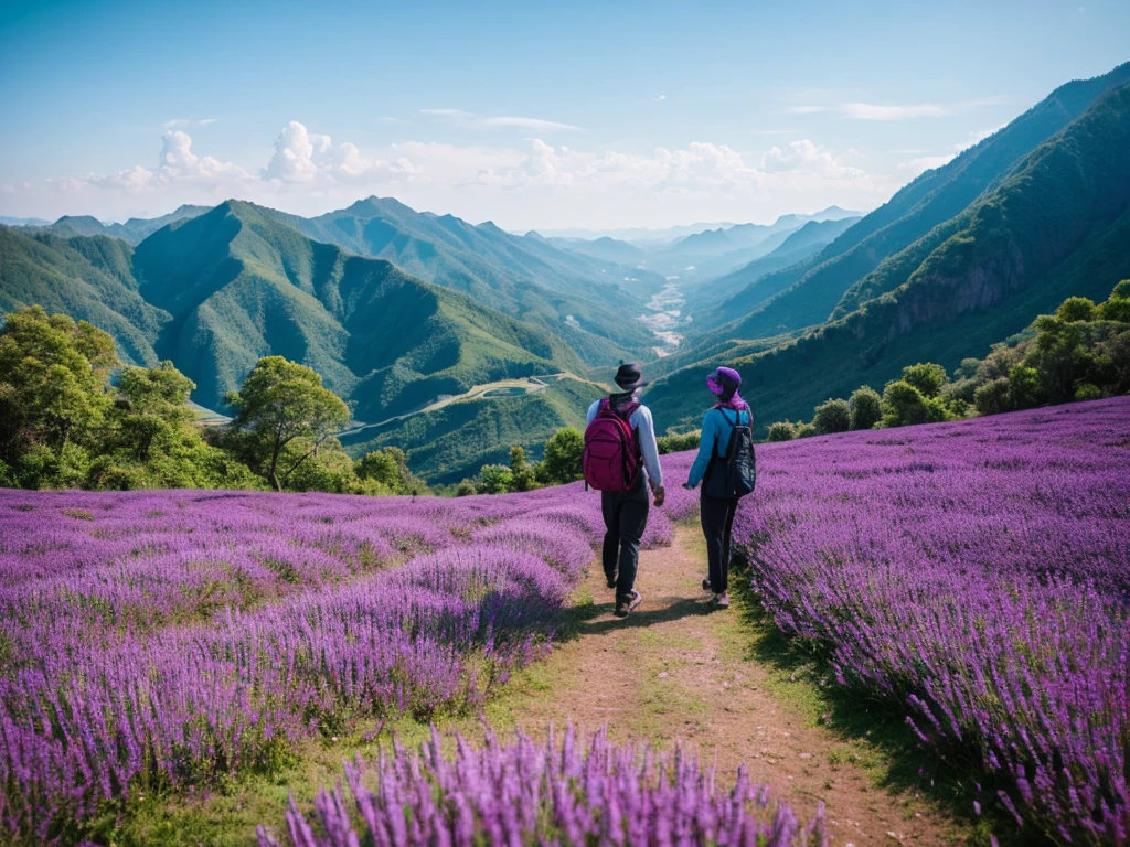 Two people talking on top of a purple mountain