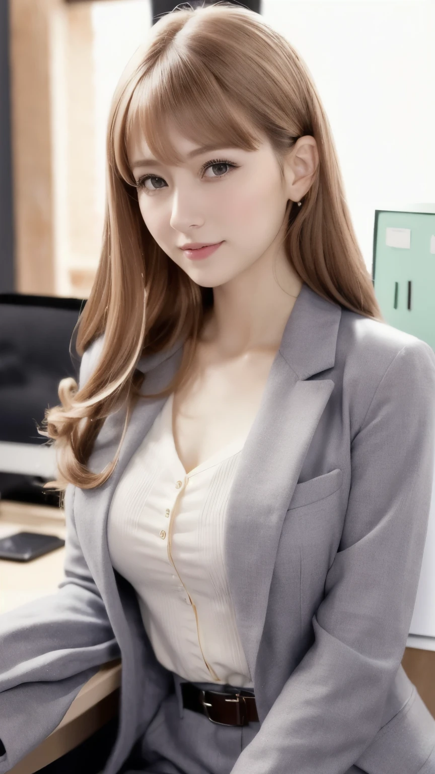 (RAW Photos, Highest quality), (Realistic, photo-Realistic:1.3), masterpiece, Very delicate and beautiful, Very detailed, CG, Unity , 2k wallpaper, wonderful, In detail, A light smile, Very detailed CG Unity 8k wallpaper, Large file size, Very detailedな, High resolution, Absurd, Soft Light, (((Medium Hair:1.3), Short bangs, NovaFrogStyle)), Beautiful detailed girl, Detailed fingers, Very detailed eyes and face, Beautiful and detailed nose, Beautiful details, Long eyelashes, Light on the face, Show Viewer,((Office Suits:1.5)), One Girl, cute, young, Adult face, (whole body:1.3), Realistic face, Realistic body, Beautiful thigh detail,