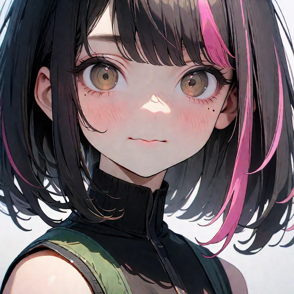 (8K,4K,best quality, master piece: 1.2), super high resolution,1 Beautiful woman,16yo,ultra-detailed face, detailed eyes,mascara,brown eyes,(mole under eye),:>,green Crop Top,(black hair, pink streaked hair),bob cut,looking at viewer,face focus,Plain white background