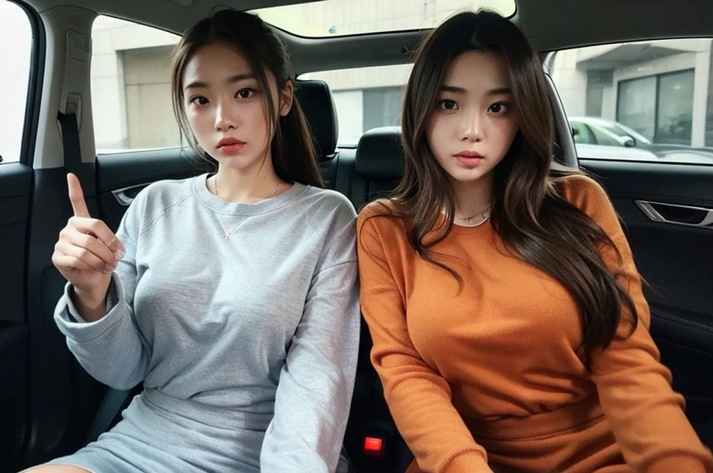 Indonesian girl 19-year-old Hairstyle Casual, F Cup Breasts wearing crewneck dress in car amd driving the car with her friend, they are scared because there are thugs who want to do carjacking and they in car increasingly scared
