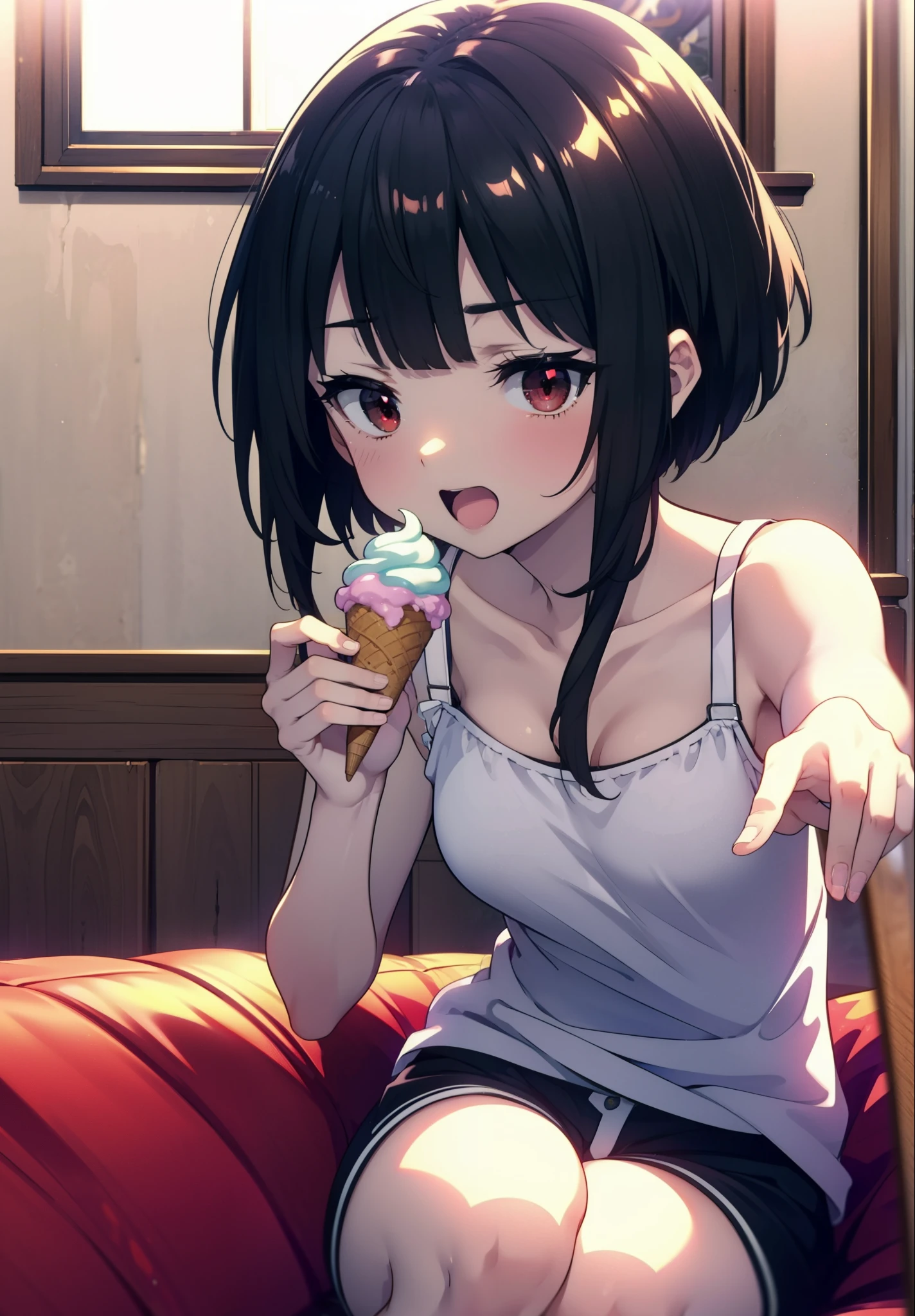 konosubaMegumin, Megumin, short hair, Black Hair, (Red eyes:1.3), short hair with long locks,happy smile, smile, Open your mouth,Tank top shirt with open mouth,Shorts,barefoot,barefoot,Holding and eating ice cream with right hand,Sitting on the sofa,whole bodyがイラストに入るように,morning,morning陽,The sun is rising,
break indoor, room,
break looking at viewer,whole body, (Cowboy Shot:1. 5)
break (masterpiece:1.2), Highest quality, High resolution, unity 8k wallpaper, (figure:0.8), (Beautiful attention to detail:1.6), Highly detailed face, Perfect lighting, Highly detailed CG, (Perfect hands, Perfect Anatomy),