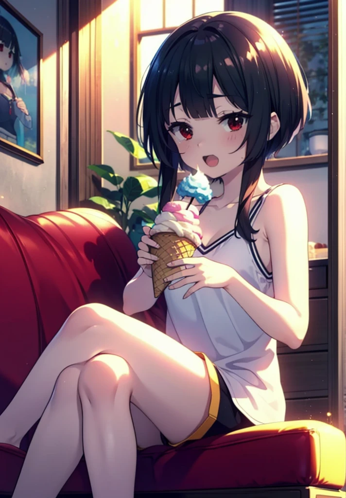 konosubaMegumin, Megumin, short hair, Black Hair, (Red eyes:1.3), short hair with long locks,happy smile, smile, Open your mouth,Tank top shirt with open mouth,Shorts,barefoot,barefoot,Holding and eating ice cream with right hand,Sitting on the sofa,whole bodyがイラストに入るように,morning,morning陽,The sun is rising,
break indoor, room,
break looking at viewer,whole body, (Cowboy Shot:1. 5)
break (masterpiece:1.2), Highest quality, High resolution, unity 8k wallpaper, (figure:0.8), (Beautiful attention to detail:1.6), Highly detailed face, Perfect lighting, Highly detailed CG, (Perfect hands, Perfect ???????),