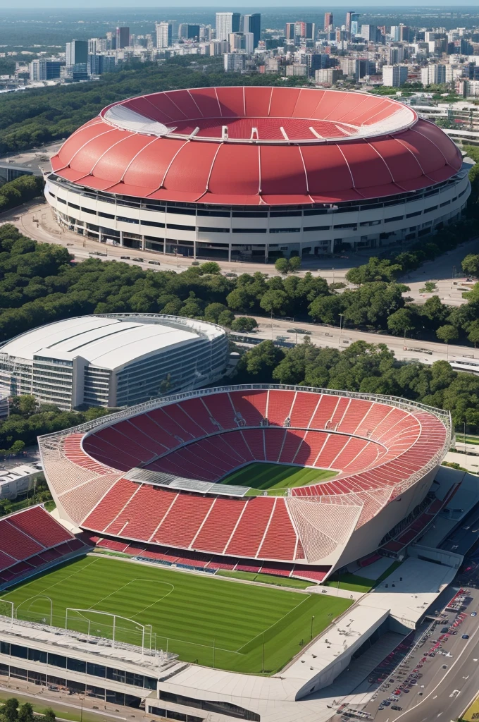 Create an image of what a Flamengo stadium would look like, with a design that took into account the club&#39;s colors and its mascot, on a crowded game day.