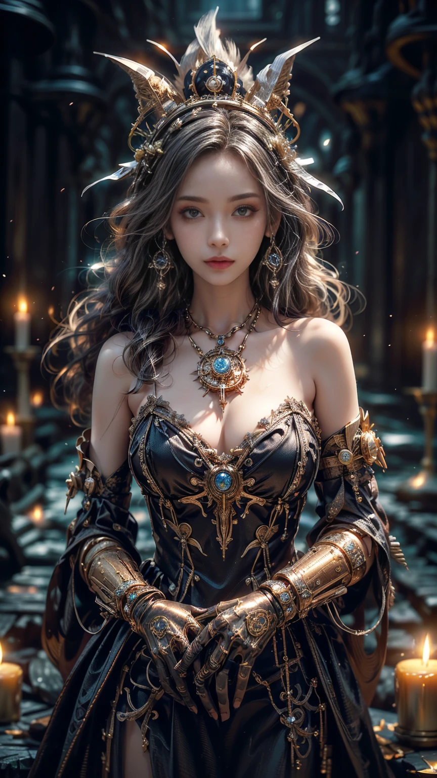 ((1woman, sorceress: sexy, ebony hair in soft waves, adorned with metal accessories and gems, sapphire eyes that shine with magical intensity, bronze crown and gears with raven feathers, tight black velvet dress, embroidered with stars and runes, black leather gloves, metal high boots, hands adorned with silver rings and amulets, concentration expression, power or cunning. magical aura, magic particles))
((Around: steampunk workshop illuminated by spotlights and rotating gears, ancient tome opened before the sorceress, steampunk tools and artifacts around the sorceress, warm and mysterious light created by candles and sparks.)) ((realist, photo-realist:1.3), Masterpiece, an extremely perfect and beautiful body, extremely detailed pale body, Best quality score, 8k quality, Wide plane, whole body, close up, high view, steampunk))