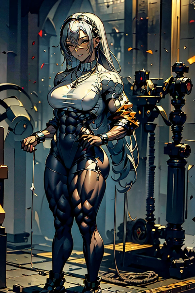 (masterpiece, highest quality, perfect anatomy, erotic, sexy) 1 woman, 25 years old, very tall, muscular, defined arms, defined abdomen, muscular thighs, dark skin, large breasts, high muscular definition, muscular, silver hair medium height, amber eyes, dark skin, many tattoos (sexy nun outfit, silver jewelry, silver rings, necklace and silver) in a church in the background, bitch smile, flushed face, eyes shining with mischief, rape face, skin dark, dark skin,