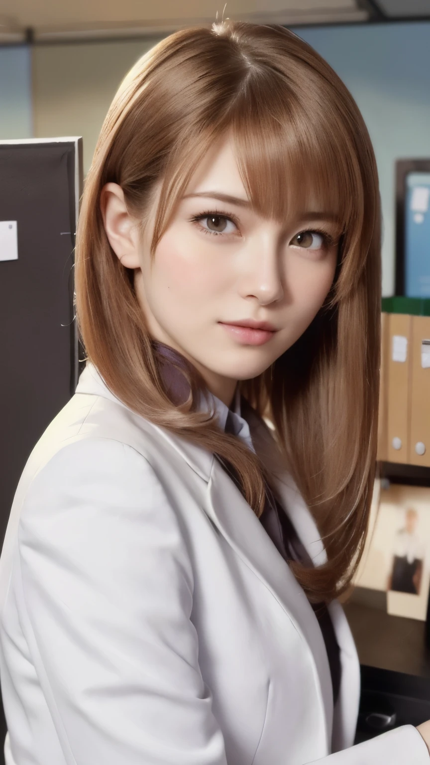 (RAW Photos, Highest quality), (Realistic, photo-Realistic:1.3), masterpiece, Very delicate and beautiful, Very detailed, CG, Unity , 2k wallpaper, wonderful, In detail, A light smile, Very detailed CG Unity 8k wallpaper, Large file size, Very detailedな, High resolution, Absurd, Soft Light, (((Medium Hair:1.3), Short bangs, NovaFrogStyle)), Beautiful detailed girl, Detailed fingers, Very detailed eyes and face, Beautiful and detailed nose, Beautiful details, Long eyelashes, Light on the face, ((Cowboy Shot)), Show Viewer,((Office Suits:1.5)), One Girl, cute, young, Adult face, (whole body:1.3), Realistic face, Realistic body, Beautiful thigh detail,