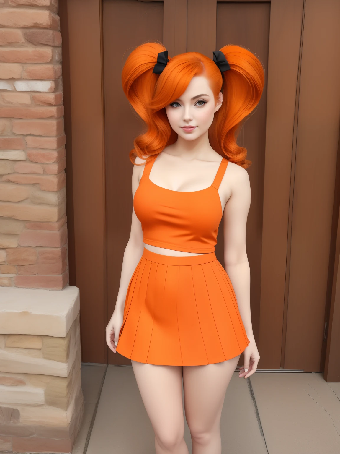 beautiful woman with orange hair (mega twintails) 8k, masterpiece, highly detailed, micro tank top, large breasts, exposed breasrs, pleated mini skirt, solo, squatting
