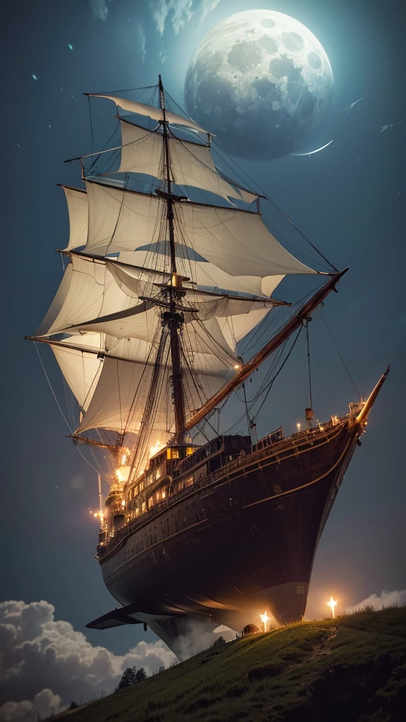 An airship flies in the sky on a moonlit night