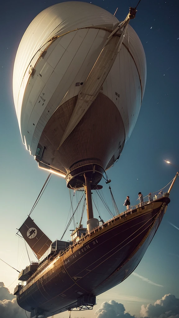 An airship flies in the sky on a moonlit night