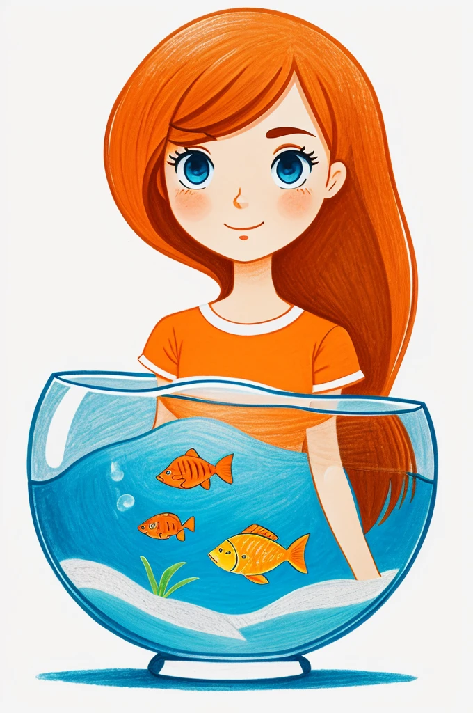 Drawing of a cartoon style girl holding a round fish tank with a small fish inside in white and orange colors