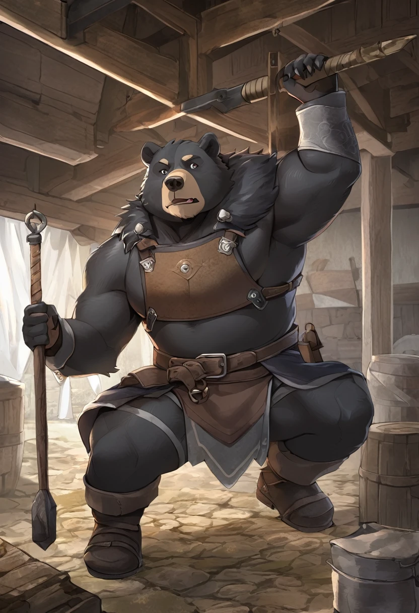 Black Bear,personification,strong,Medieval workers。