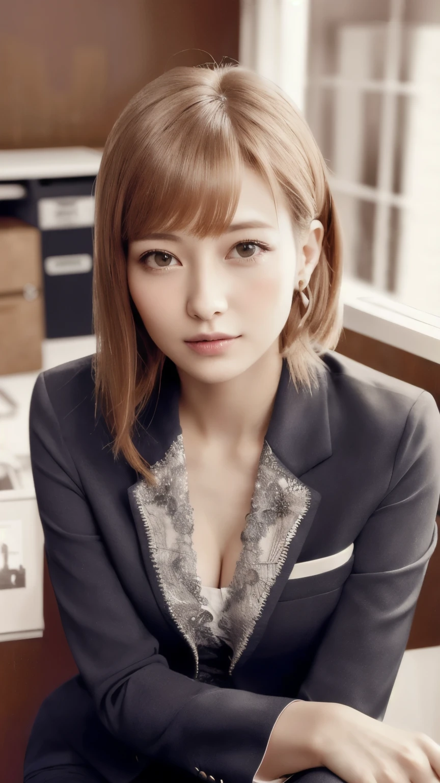 (RAW Photos, Highest quality), (Realistic, photo-Realistic:1.3), masterpiece, Very delicate and beautiful, Very detailed, CG, Unity , 2k wallpaper, wonderful, In detail, A light smile, Very detailed CG Unity 8k wallpaper, Large file size, Very detailedな, High resolution, Absurd, Soft Light, (((Medium Hair:1.3), Short bangs, NovaFrogStyle)), Beautiful detailed girl, Detailed fingers, Very detailed eyes and face, Beautiful and detailed nose, Beautiful details, Long eyelashes, Light on the face, ((Cowboy Shot)), Show Viewer,((Office Suits:1.5)), One Girl, cute, young, Adult face, (whole body:1.3),  Realistic face, Realistic body, Beautiful thigh detail, 